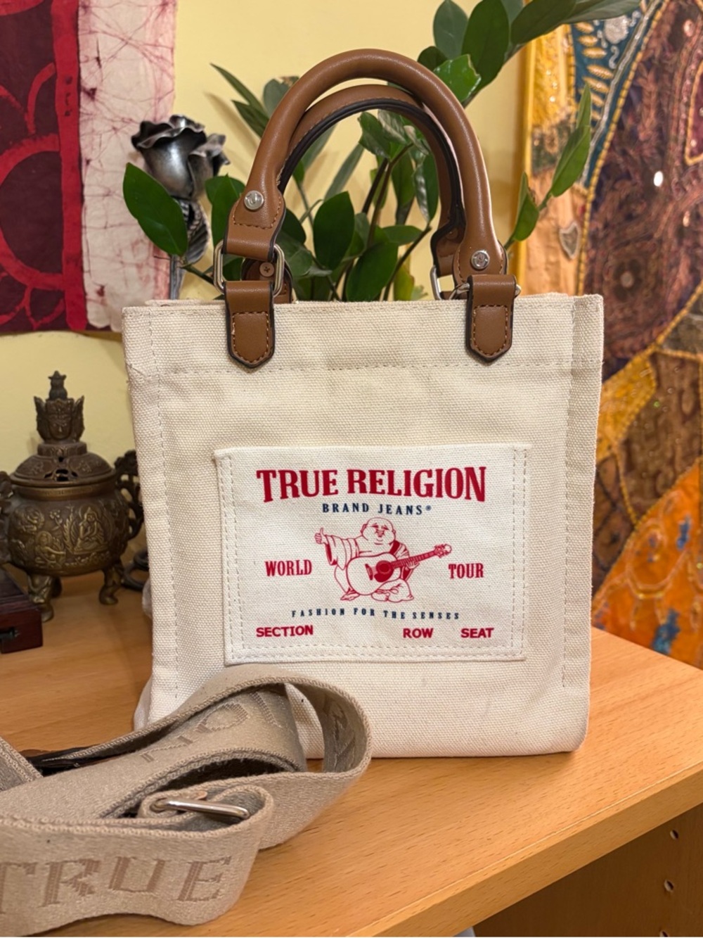 True Religion Mini Canvas Tote Bag w/ Shoulder Strap Crossbody 8”x8”x4” Buddha